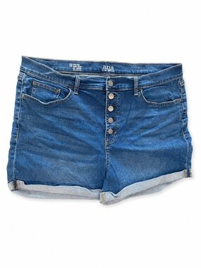 a.n.a Blue High-Rise Button-Front Denim Roll Cuff Shorts